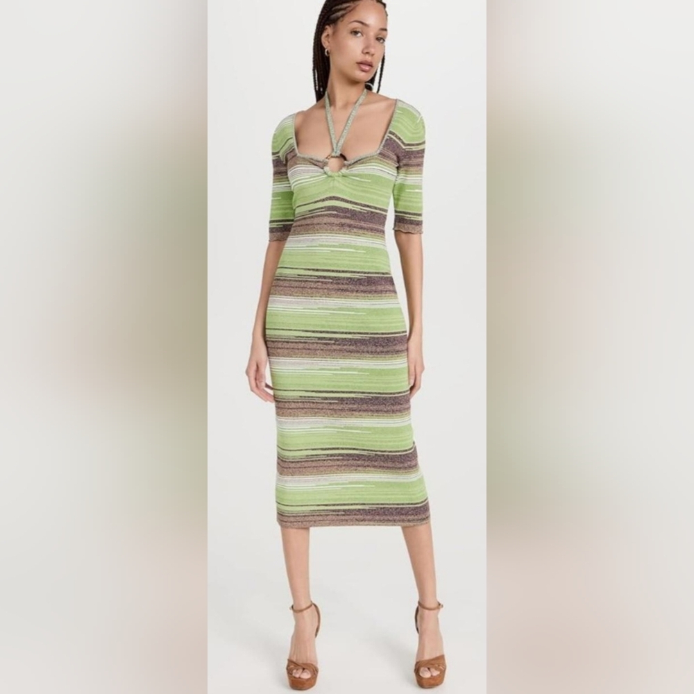 NWOT Veronica Beard Green and Brown Sheath Dress with Cuffed 3/4 Sleeves